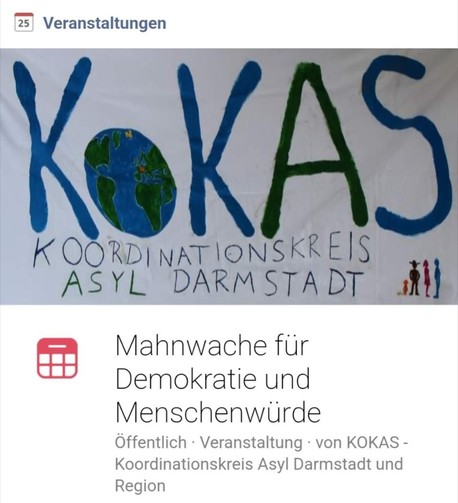 Mahnwache für Demokratie und Menschenwürde

 am 20.05.2024
 um 18:00 Uhr
 in 64283 #Darmstadt, Luisenplatz
 
KOKAS: Koorfinationskreis Asyl Darmstadt und Region