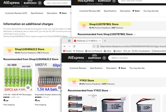 Three Aliexpress stores visible in three browser tabs. The important part is highlighted with yellow textmarker:
- Shop 1 is called Shop1102406213 Store
- Shop 2 is called Shop1102787801 Store
- Shop 3 is called YYKX Store
They all appear to sell batteris of various kinds.