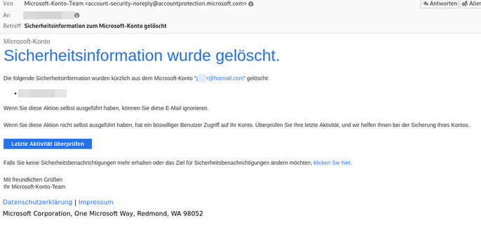 Screenshot der E-Mail. Text: 
Microsoft-Konto
Sicherheitsinformation wurde gelöscht.
Die folgende Sicherheitsinformation wurden kürzlich aus dem Microsoft-Konto 