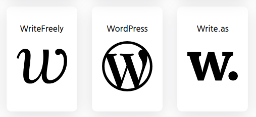 Three Fediverse-Logos next to each other. WriteFreely, WordPress and Write.as all have a big chonky 