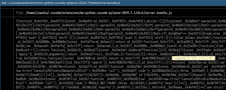 Screenshot eines obfuszierten JavaScript-Bundles. Hervorgehoben ist ein Aufruf `search` und dessen Argument, der reguläre Ausdruck `(((.+)+)+)+$`, der eine ReDoS-Attacke darstellt.